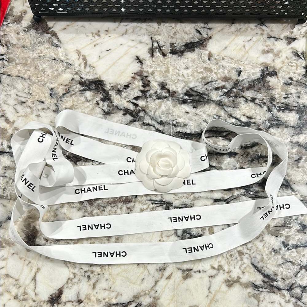 Authentic Chanel White Ribbon with Camellia Flower